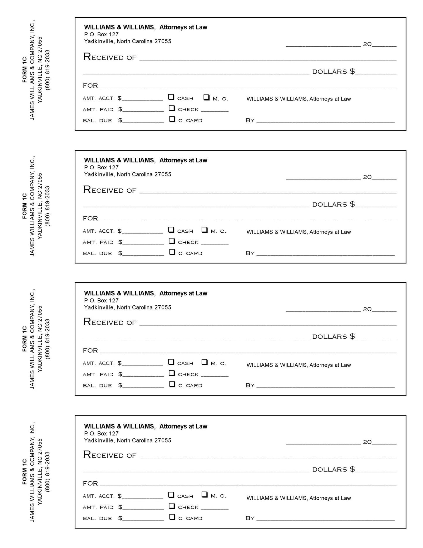 Printed Receipt Books, Carbonless, White original, Yellow copy, 300 Receipts/Book, 5 Books/Box
